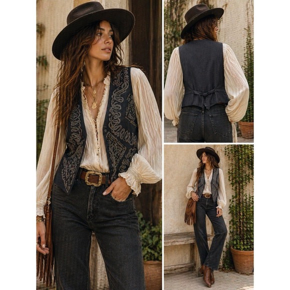J. Peterman Jackets & Blazers - J Peterman Embroidered Wool Vest Botto Giuseppe Italy Fabric Size 10 Boho 0268